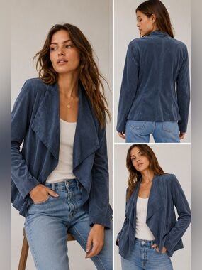 Ellie Kai Blue Faux Suede Draped Open Front Jacket Blazer L
